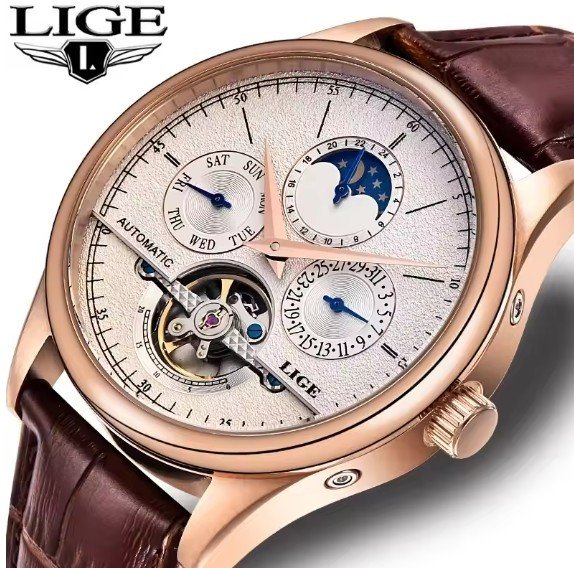 LIGE Men Watches Automatic Mechanical Watch Tourbillon Clock Genuine Leather Waterproof Watch Men Military Wristwatch Man