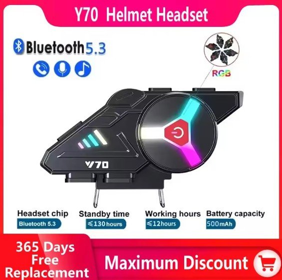 Bluetooth 5.3 Helmet Earphone Y70 Rgb Light Motorcycle Ipx6 Waterproof Support For Connecting Two Phones Simultaneously