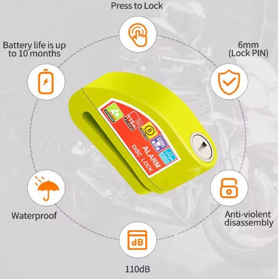 Motorcycle Scooter Bicycle Alarm Lock Wheel Disc Brake Waterproof Anti-Theft Aluminum Alloy Safety Brake Lock Moto Aaccessories