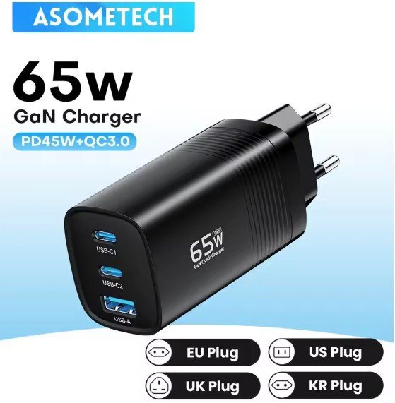ASOMETECH GaN USB Type C Charger 65W 45W PPS PD QC4.0 Quick Charger For Macbook Laptop IPAD Tablet iPhone 14 Samsung S23 Ultra