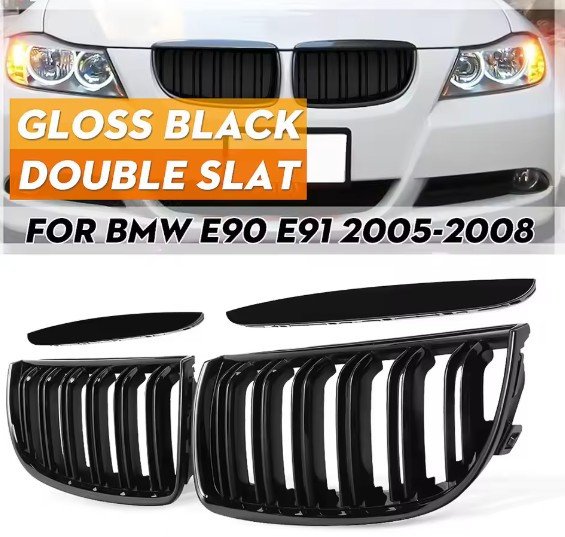 Car Grille Grill Front Kidney Gloss Black Double Slat Hood Grille For BMW E90 E91 Pre-Facelift 2005 2006 2007 2008 Racing Grills