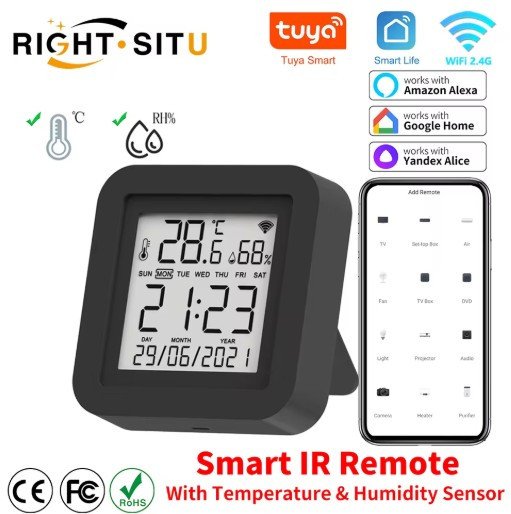 Tuya Smart Universal IR Remote With Temperature Humidity Sensor for Air Conditioner TV AC Works with Alexa Google Home Yandex