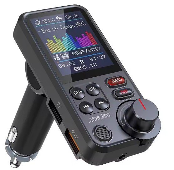 1.8 Inch Wireless Car Bluetooth FM Transmitter Aux Supports QC3.0 Charging Treble and Bass Sound Music Player